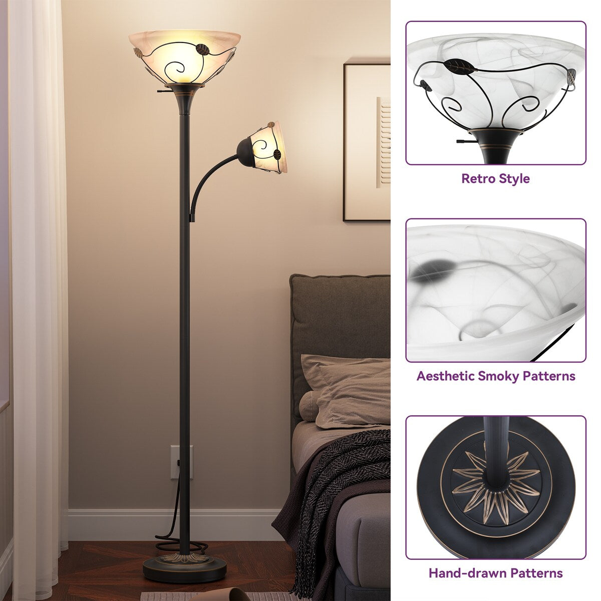 Lampada da terra tradizionale Torchiere Moasis 71 con luce di lettura regolabile, paralumi in vetro alabastro - 71H