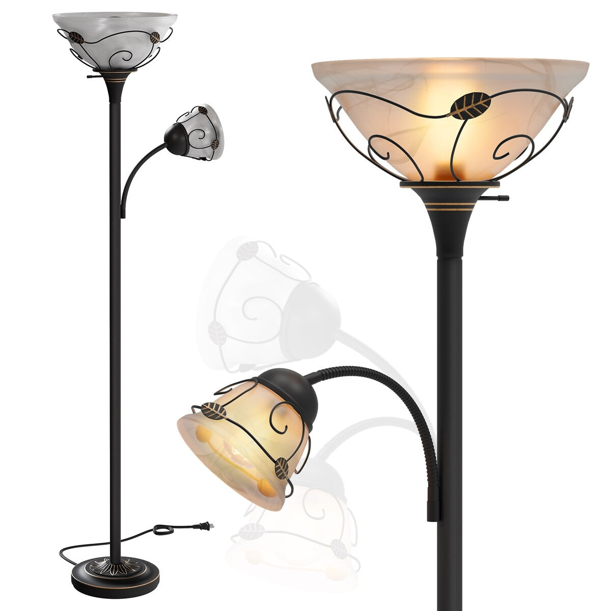 Lampada da terra tradizionale Torchiere Moasis 71 con luce di lettura regolabile, paralumi in vetro alabastro - 71H