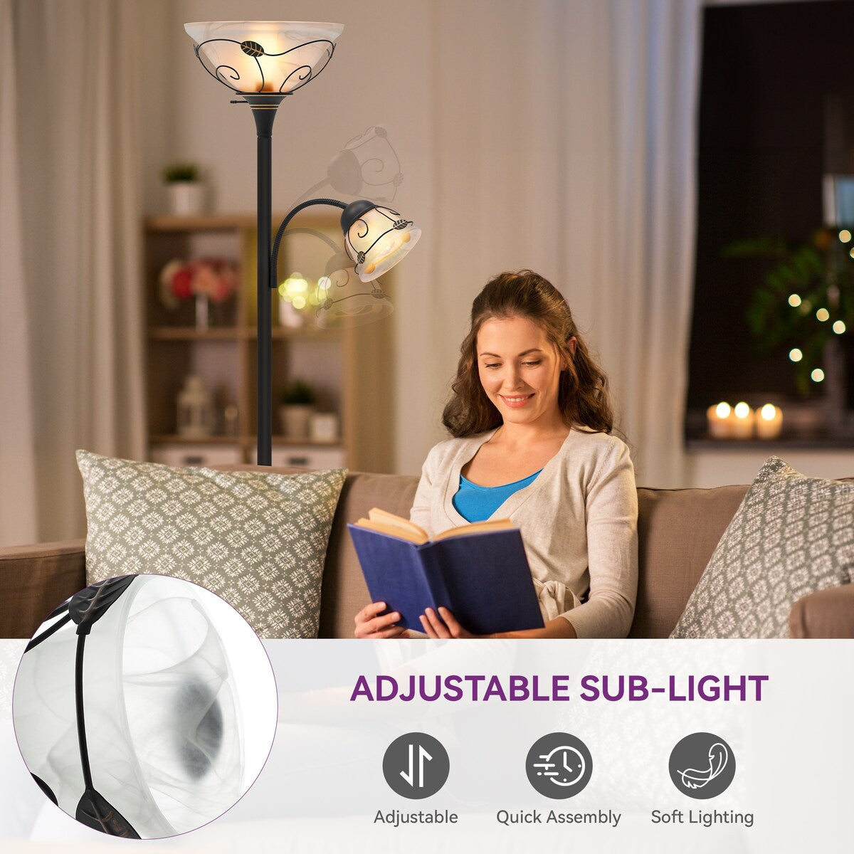 Lampada da terra tradizionale Torchiere Moasis 71 con luce di lettura regolabile, paralumi in vetro alabastro - 71H