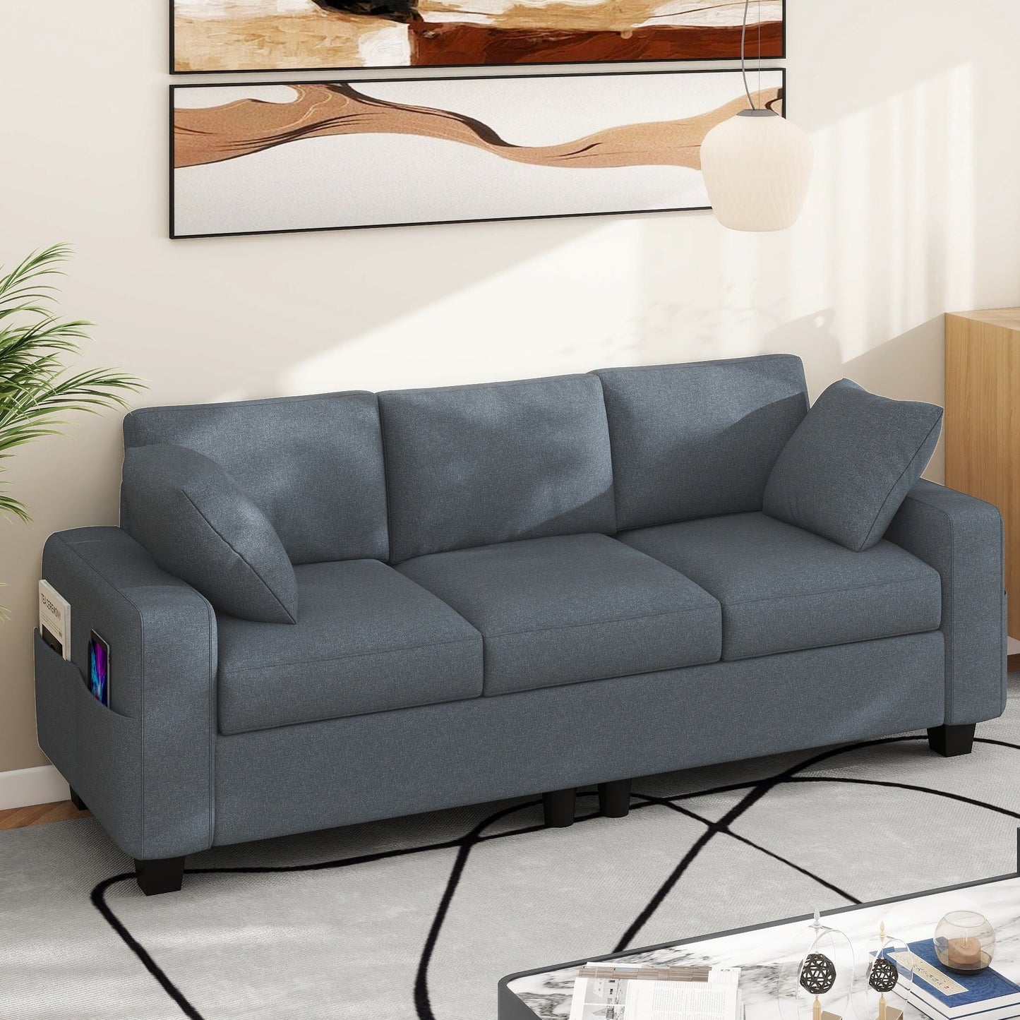 Divano imbottito Moasis 80 a 3 posti, 2 cuscini, divani con tasche laterali per soggiorno