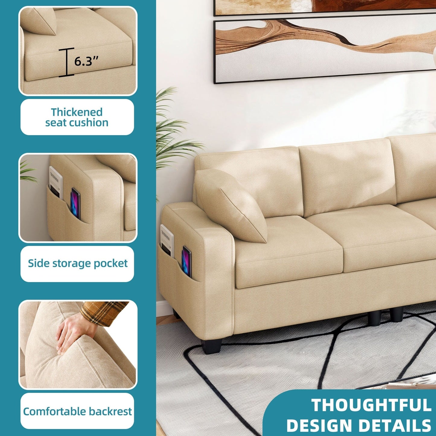 Divano imbottito Moasis 80 a 3 posti, 2 cuscini, divani con tasche laterali per soggiorno