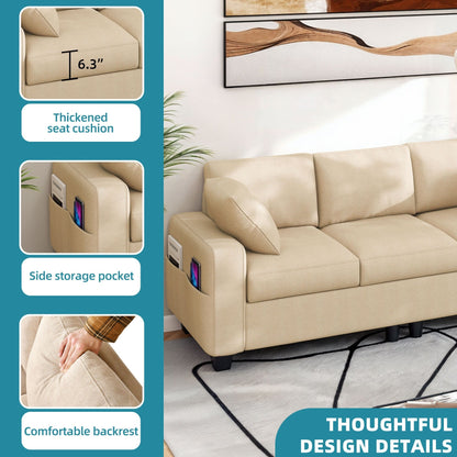 Divano imbottito Moasis 80 a 3 posti, 2 cuscini, divani con tasche laterali per soggiorno