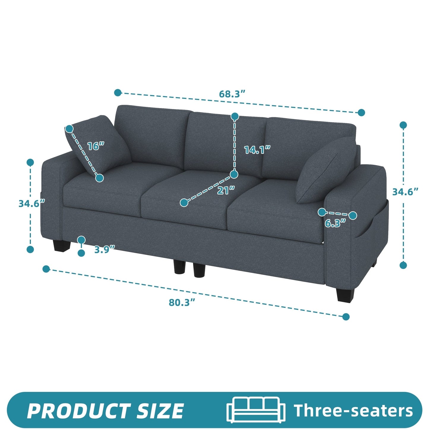 Divano imbottito Moasis 80 a 3 posti, 2 cuscini, divani con tasche laterali per soggiorno