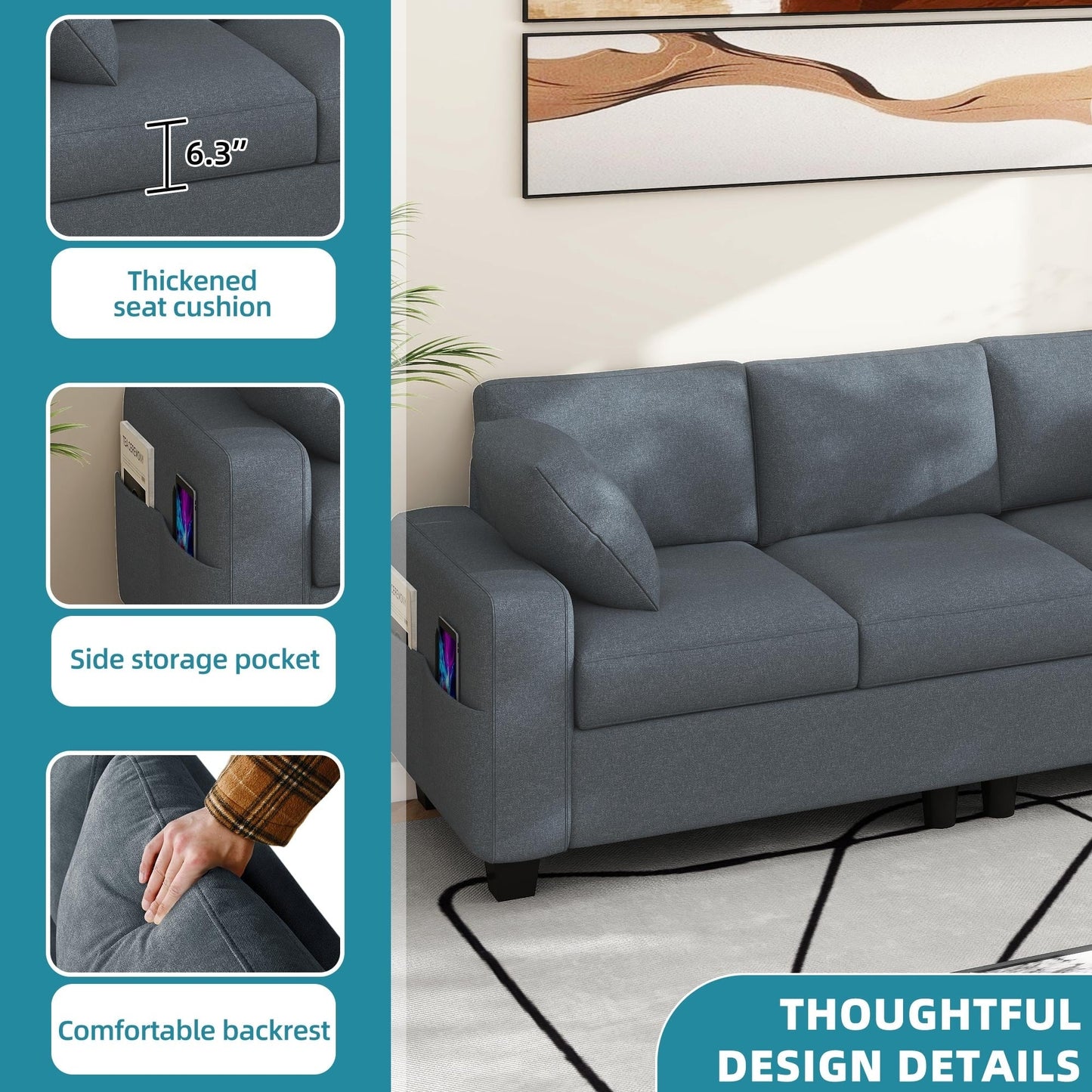 Divano imbottito Moasis 80 a 3 posti, 2 cuscini, divani con tasche laterali per soggiorno