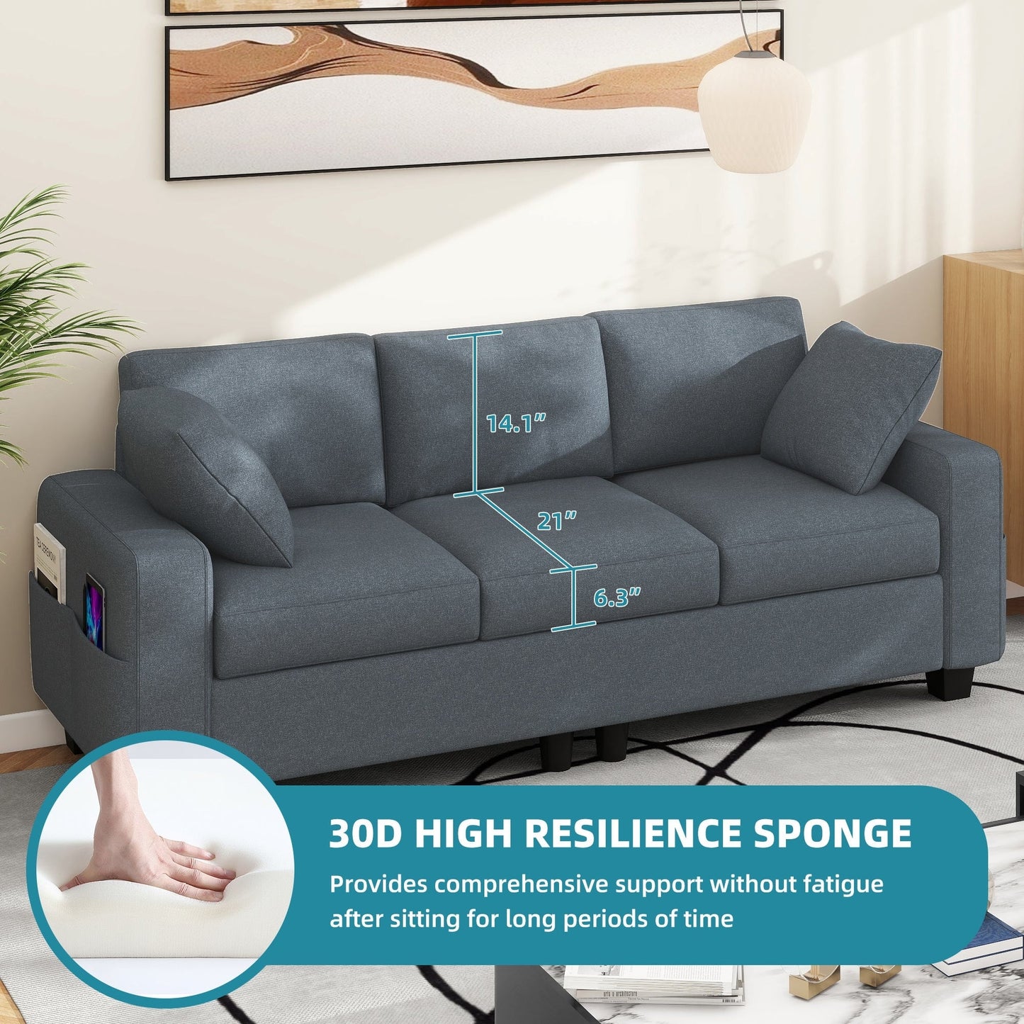 Divano imbottito Moasis 80 a 3 posti, 2 cuscini, divani con tasche laterali per soggiorno