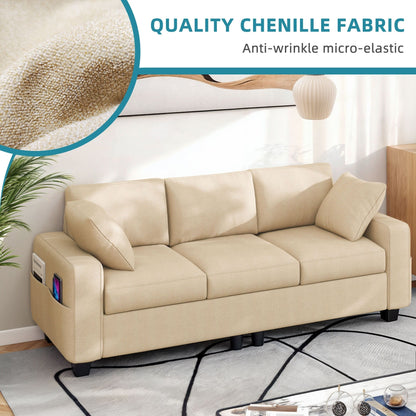 Divano imbottito Moasis 80 a 3 posti, 2 cuscini, divani con tasche laterali per soggiorno