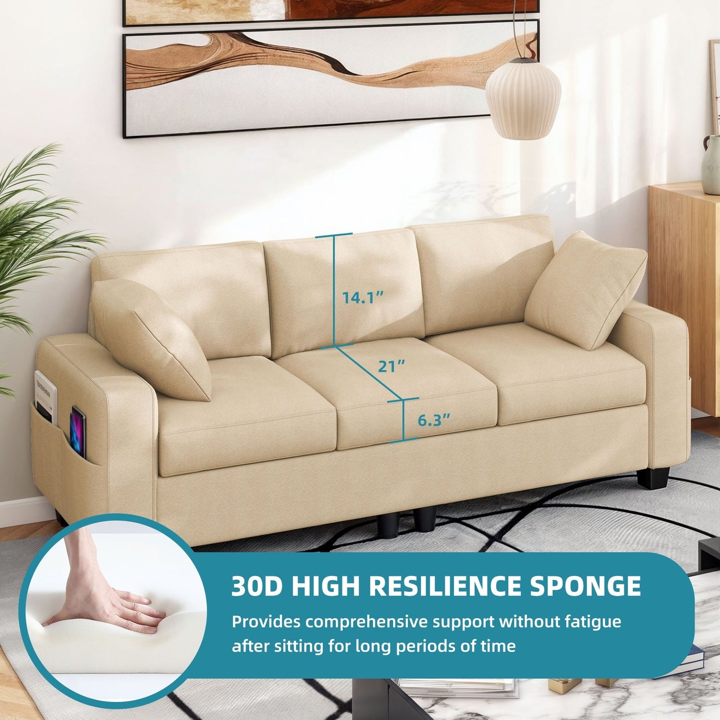 Divano imbottito Moasis 80 a 3 posti, 2 cuscini, divani con tasche laterali per soggiorno