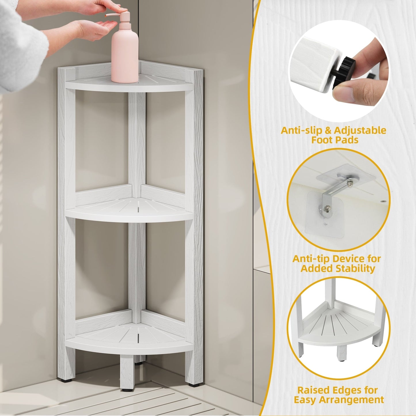 Moasis Bathroom Mensola angolare a 3 livelli, sgabello angolare, organizer per mensole in legno sintetico