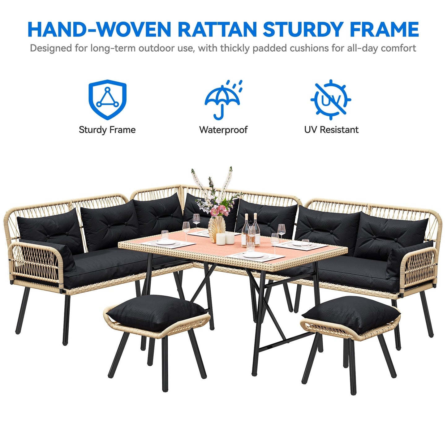 Set da conversazione per mobili da giardino in vimini nero Moasis da 6 pezzi - 6 pezzi