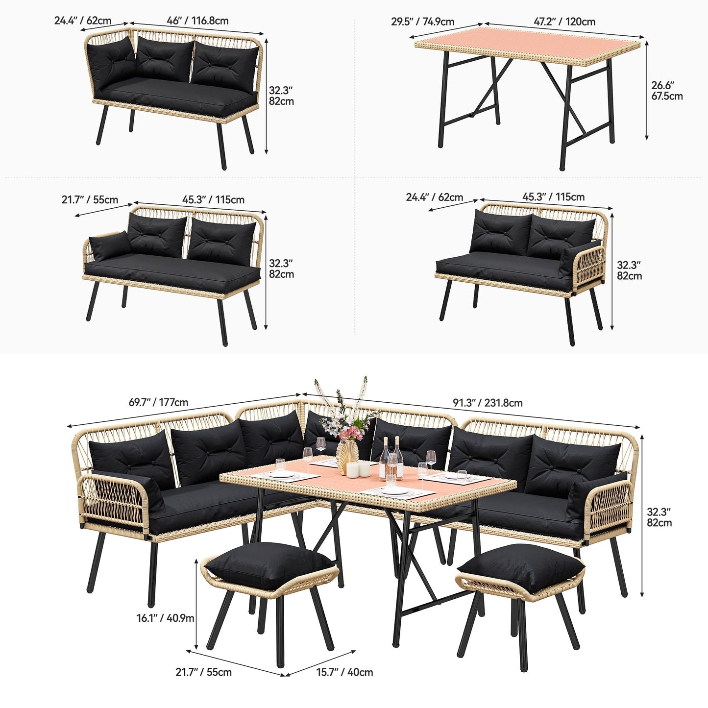 Set da conversazione per mobili da giardino in vimini nero Moasis da 6 pezzi - 6 pezzi