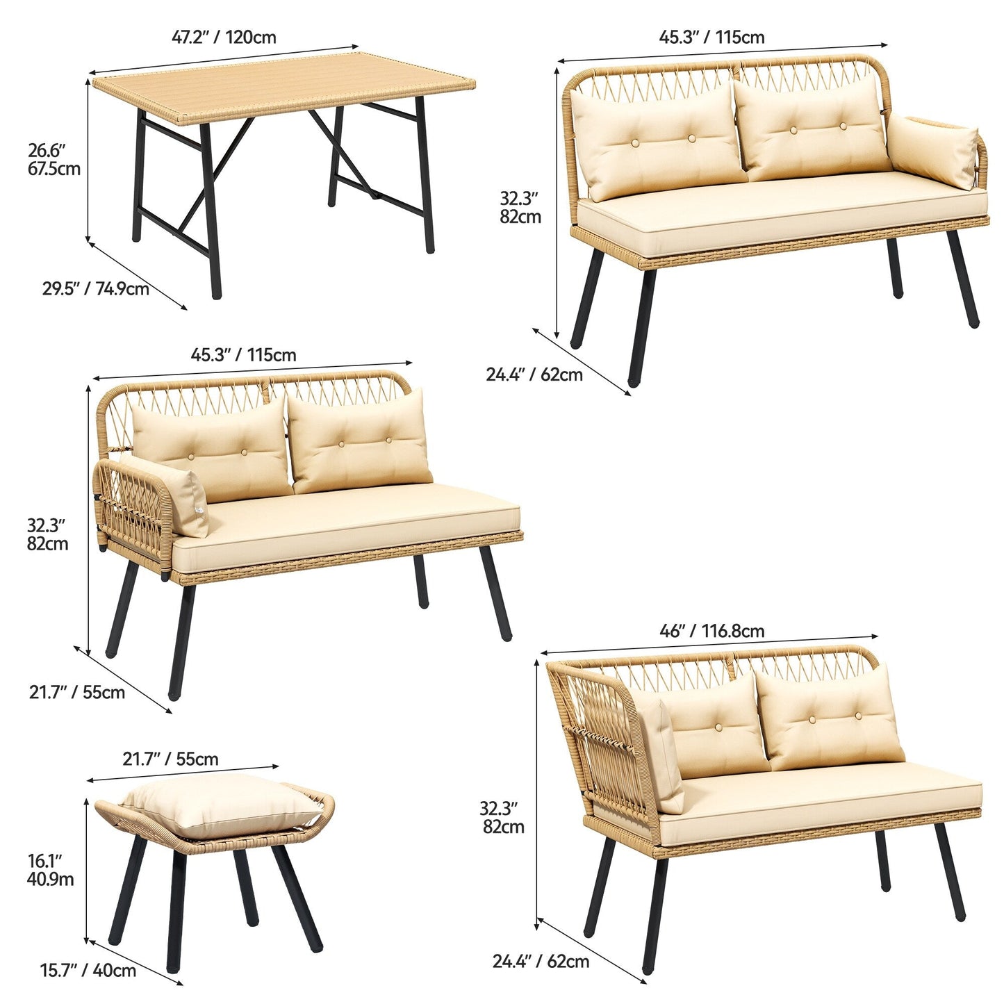 Set da conversazione per mobili da giardino in vimini nero Moasis da 6 pezzi - 6 pezzi