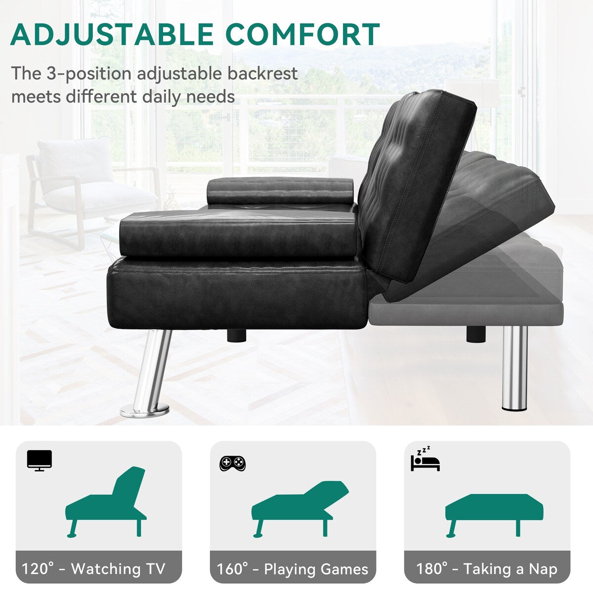 Divano letto futon moderno pieghevole in similpelle Moasis - 64 L x 30 P x 26 A