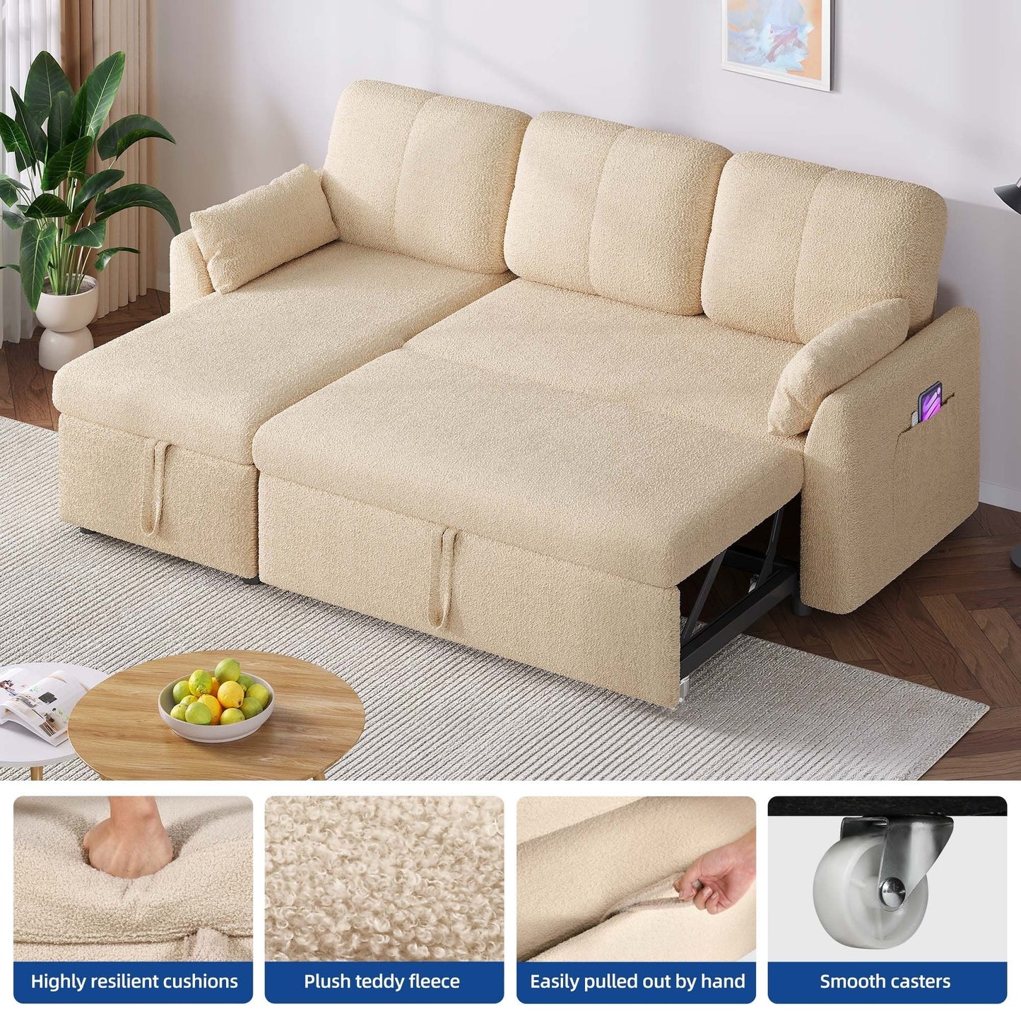 Divano letto componibile reversibile a 3 posti a L Moasis con contenitore e cuscini