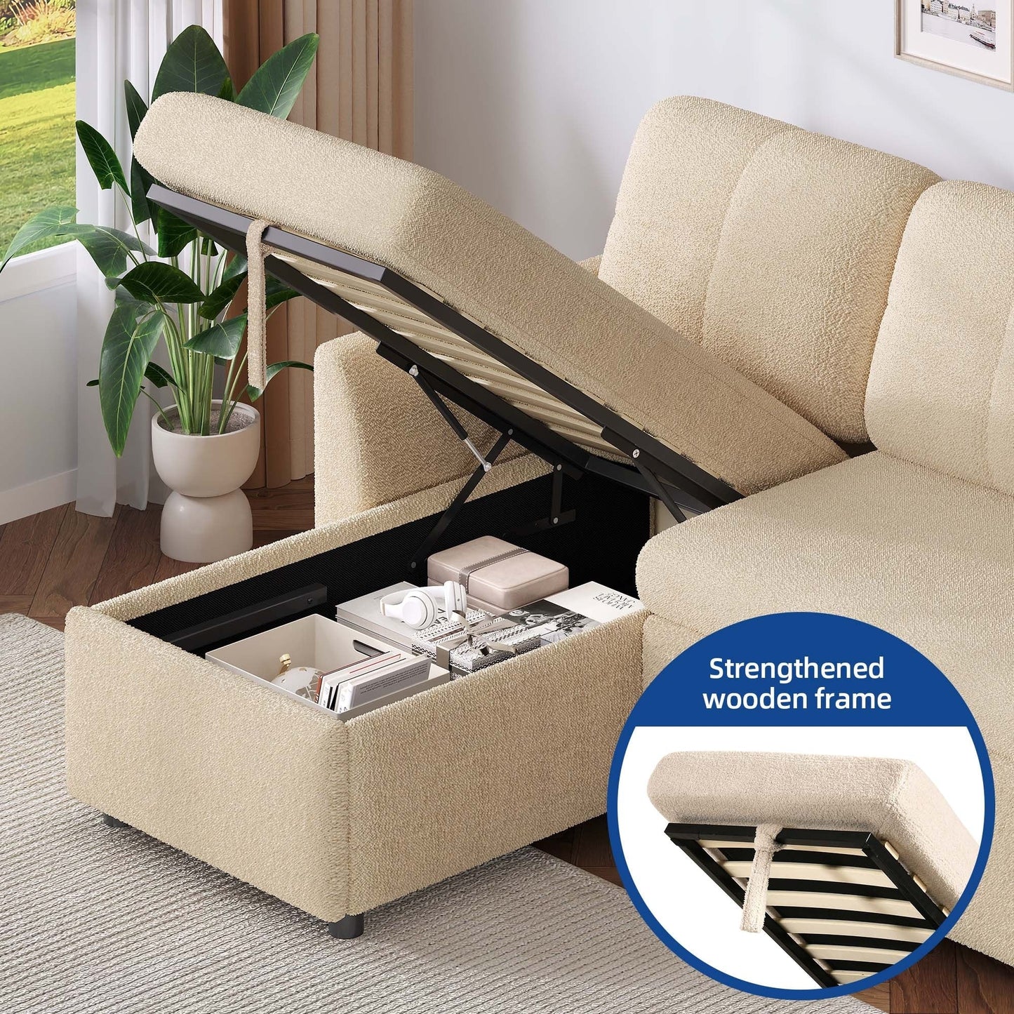 Divano letto componibile reversibile a 3 posti a L Moasis con contenitore e cuscini