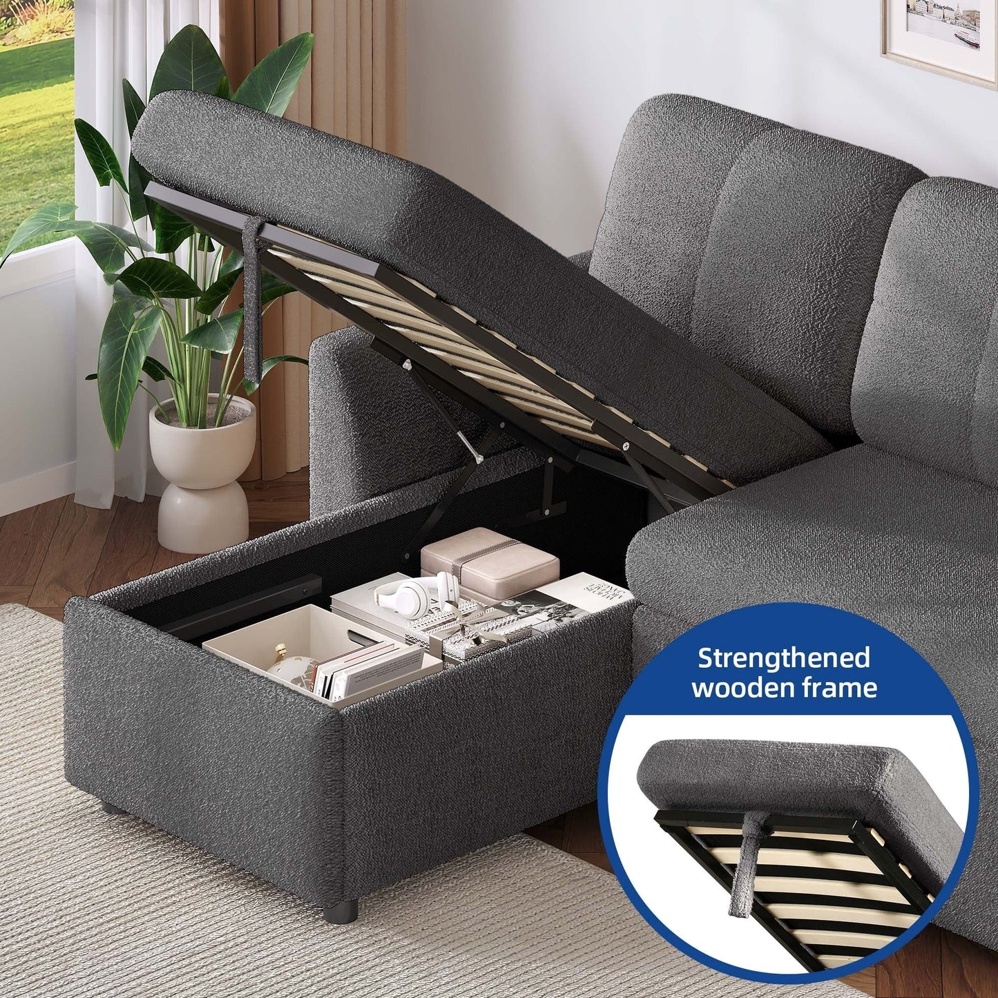 Divano letto componibile reversibile a 3 posti a L Moasis con contenitore e cuscini