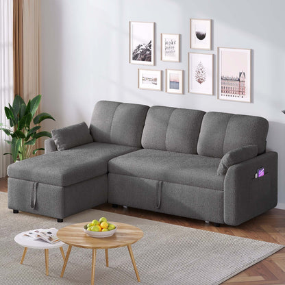 Divano letto componibile reversibile a 3 posti a L Moasis con contenitore e cuscini