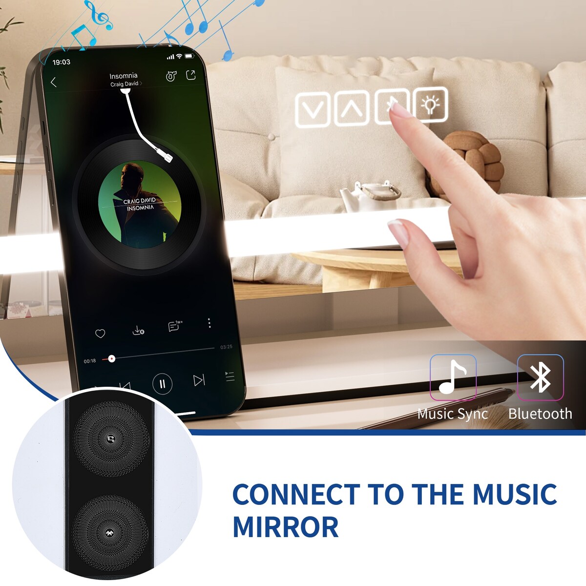 Specchio da trucco Moasis con luce LED, porta di ricarica USB, ingrandimento 10x e altoparlante Bluetooth