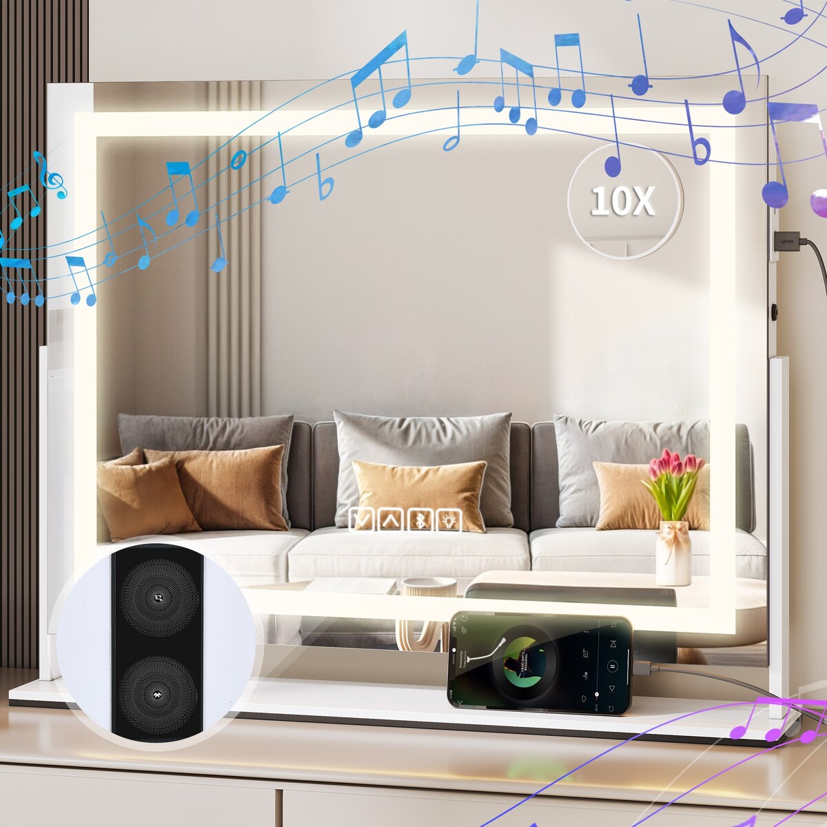 Specchio da trucco Moasis con luce LED, porta di ricarica USB, ingrandimento 10x e altoparlante Bluetooth