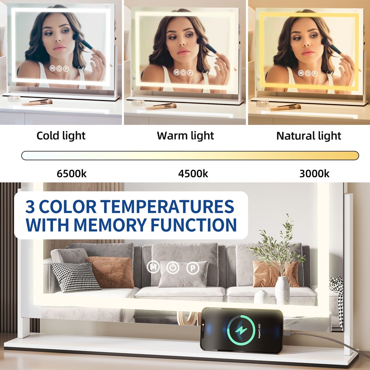 Specchio da trucco Moasis con luce LED, porta di ricarica USB, ingrandimento 10x e altoparlante Bluetooth