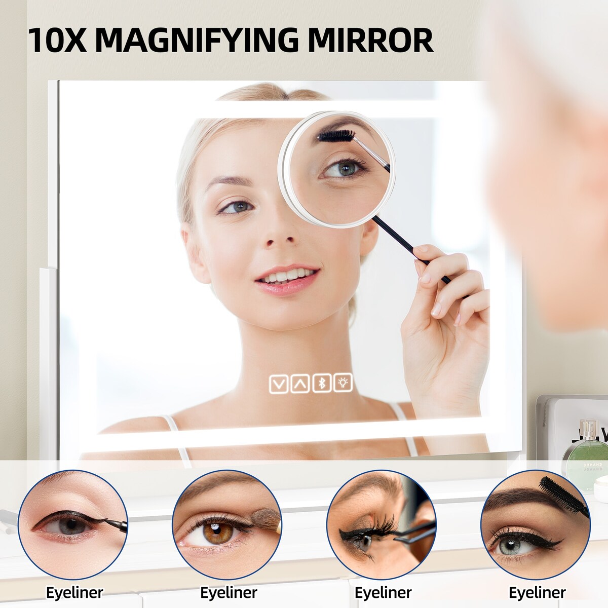 Specchio da trucco Moasis con luce LED, porta di ricarica USB, ingrandimento 10x e altoparlante Bluetooth