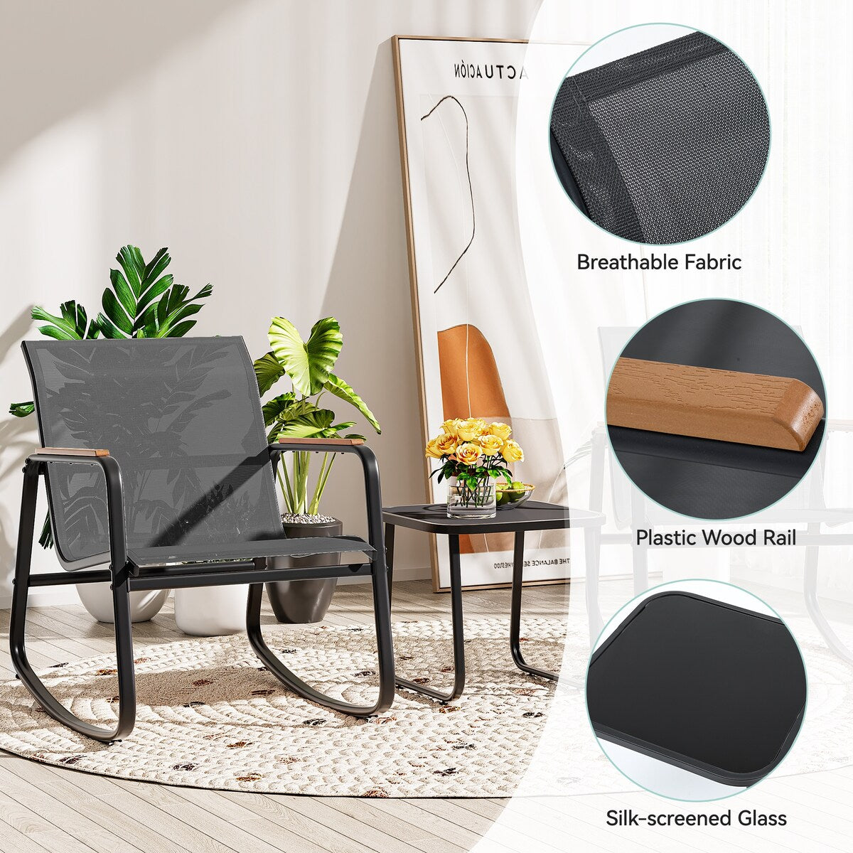 Set di 3 sedie a dondolo da esterno Moasis con tavolino laterale