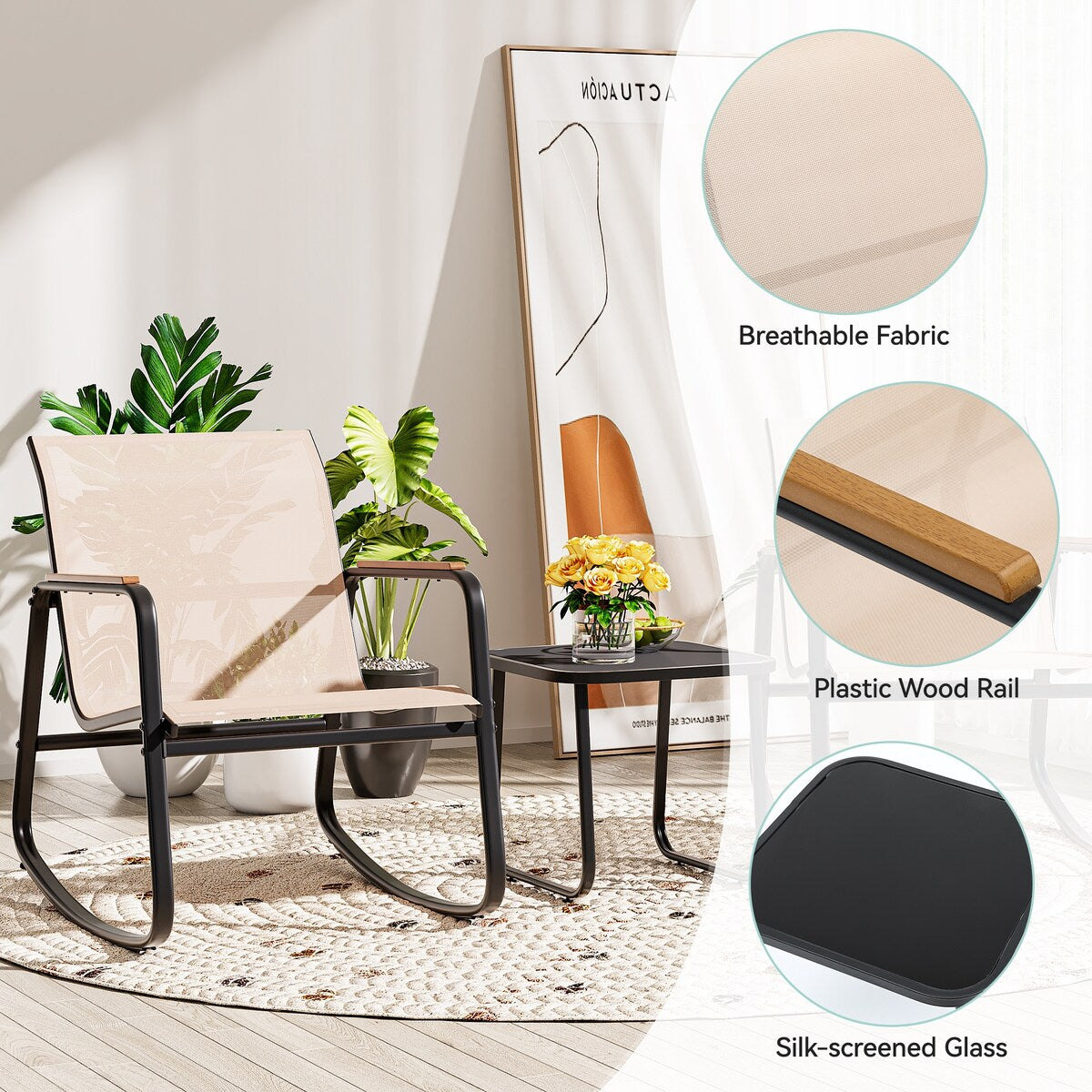 Set di 3 sedie a dondolo da esterno Moasis con tavolino laterale