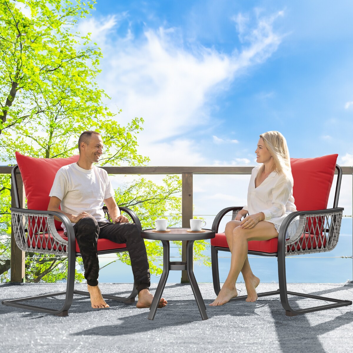 Set da bistrot da giardino Moasis Red da 3 pezzi, mobili da esterno con sedute imbottite - 3 pezzi