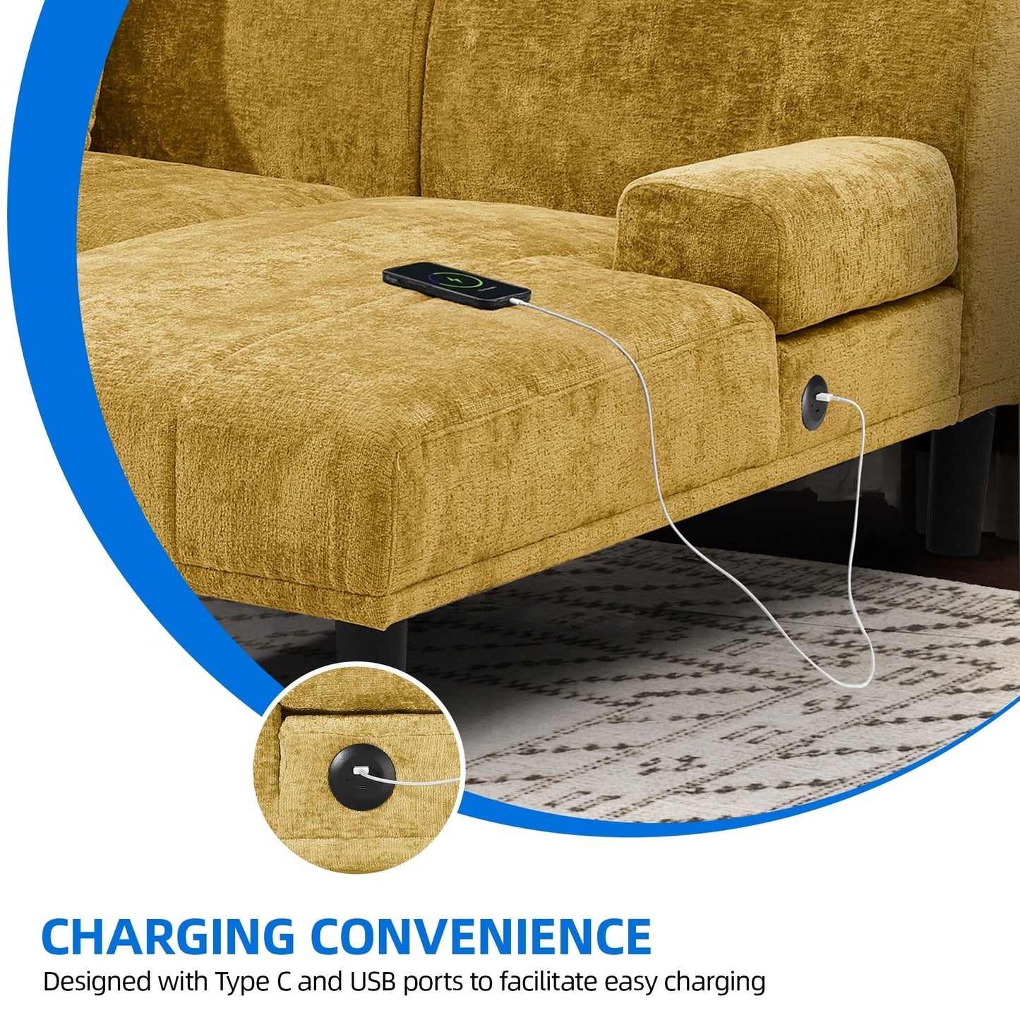 Divano componibile Moasis a forma di U in ciniglia, divano modulare moderno - 45,6 L x 106,3 P x 26,7 A