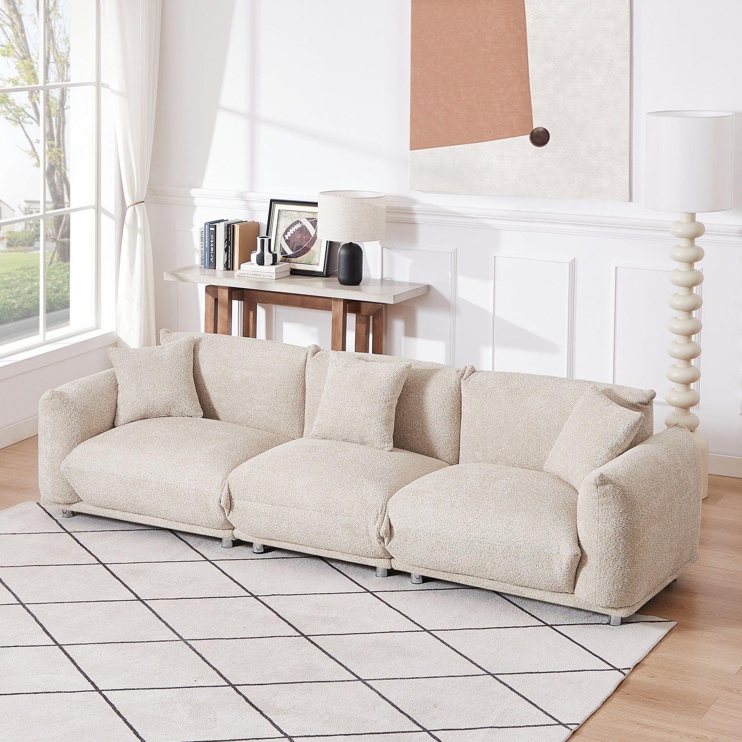 Divano moderno 111 oversize a 3 posti con gambe in metallo e struttura in legno massello per soggiorno