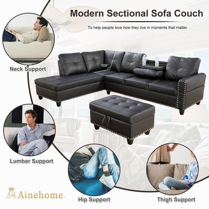 Set di divani moderni in similpelle e pelle sintetica nera da 3 pezzi: stile elegante per il soggiorno