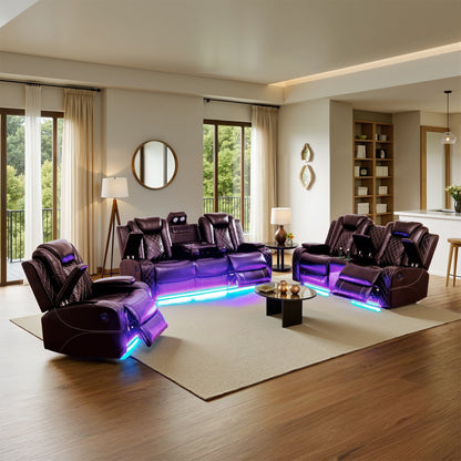 Moderno set di divani reclinabili in pelle da 3 pezzi con LED e ricarica wireless