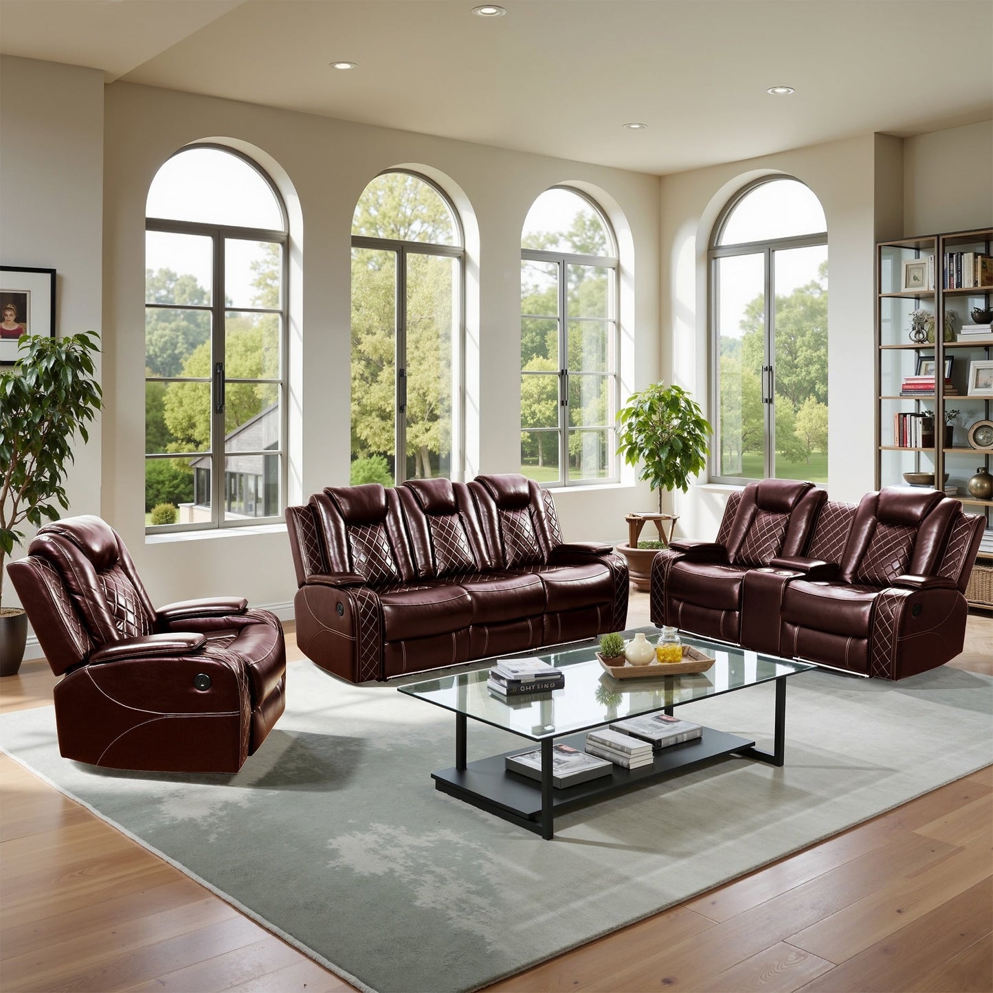 Moderno set di divani reclinabili in pelle da 3 pezzi con LED e ricarica wireless