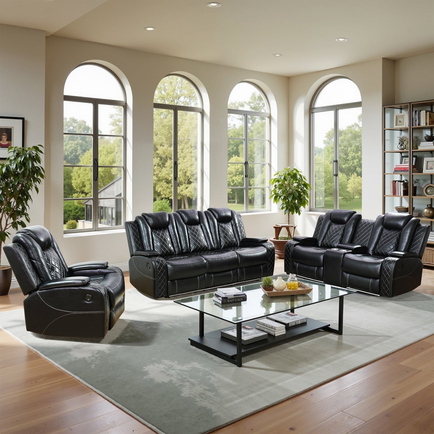 Moderno set di divani reclinabili in pelle da 3 pezzi con LED e ricarica wireless