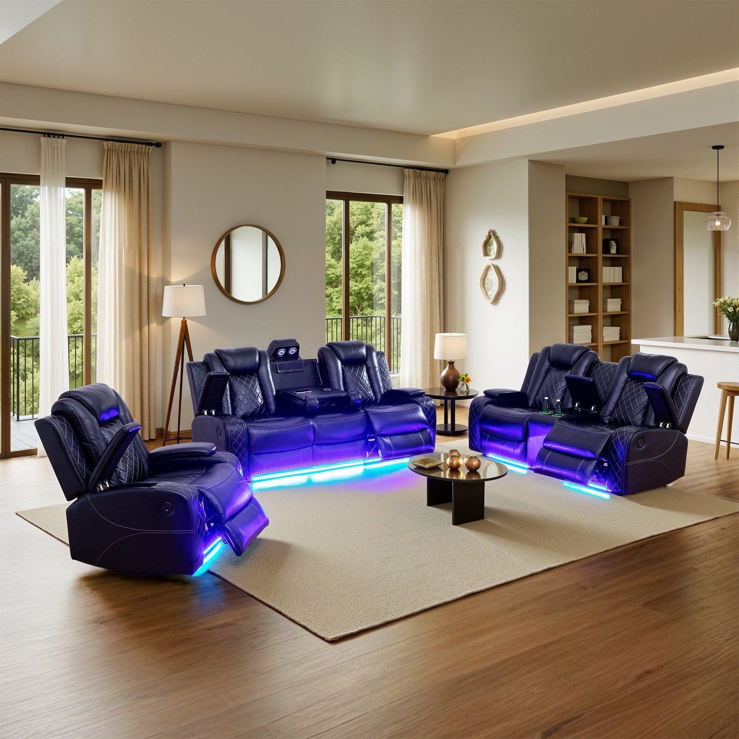 Moderno set di divani reclinabili in pelle da 3 pezzi con LED e ricarica wireless