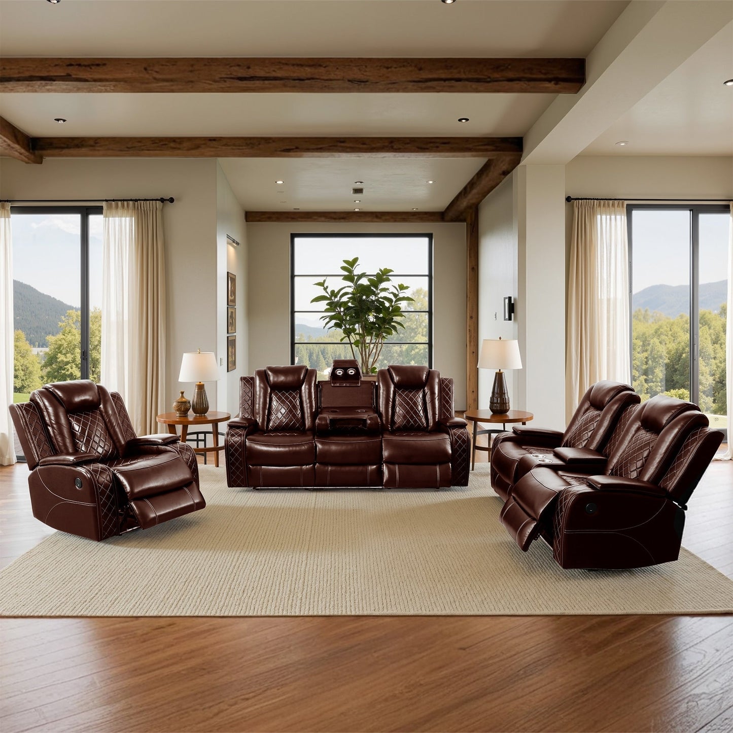 Moderno set di divani reclinabili in pelle da 3 pezzi con LED e ricarica wireless