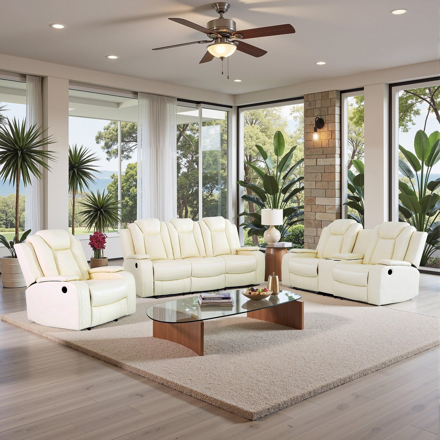 Moderno set di divani reclinabili in pelle da 3 pezzi con LED e ricarica wireless