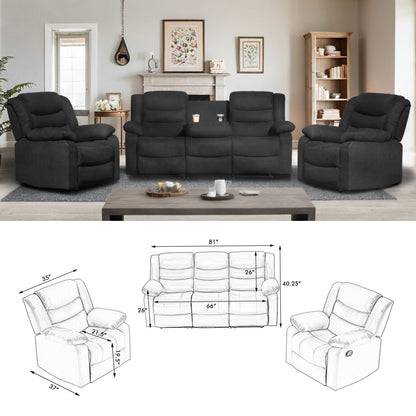Moderno set di divani reclinabili manuali da soggiorno a 3 pezzi con tavolo a scomparsa e consolle