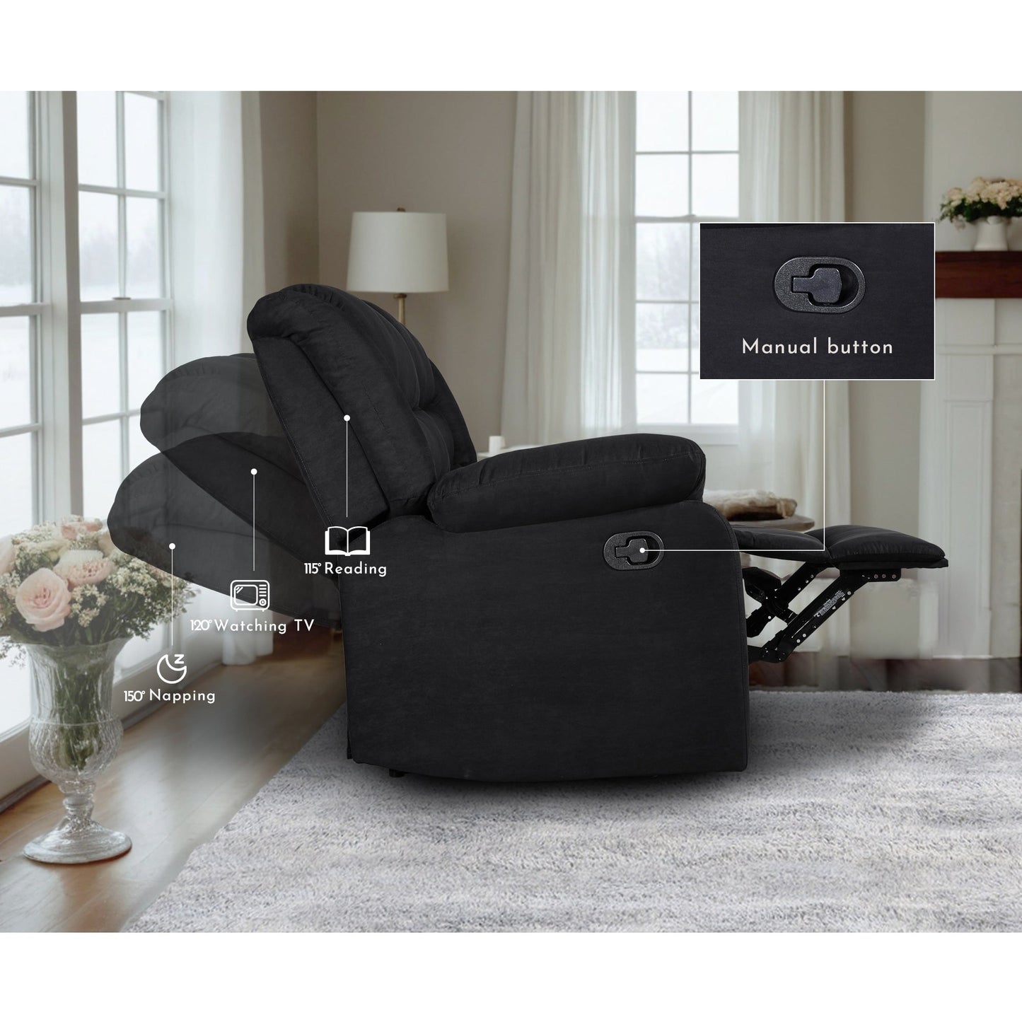 Moderno set di divani reclinabili manuali da soggiorno a 3 pezzi con tavolo a scomparsa e consolle