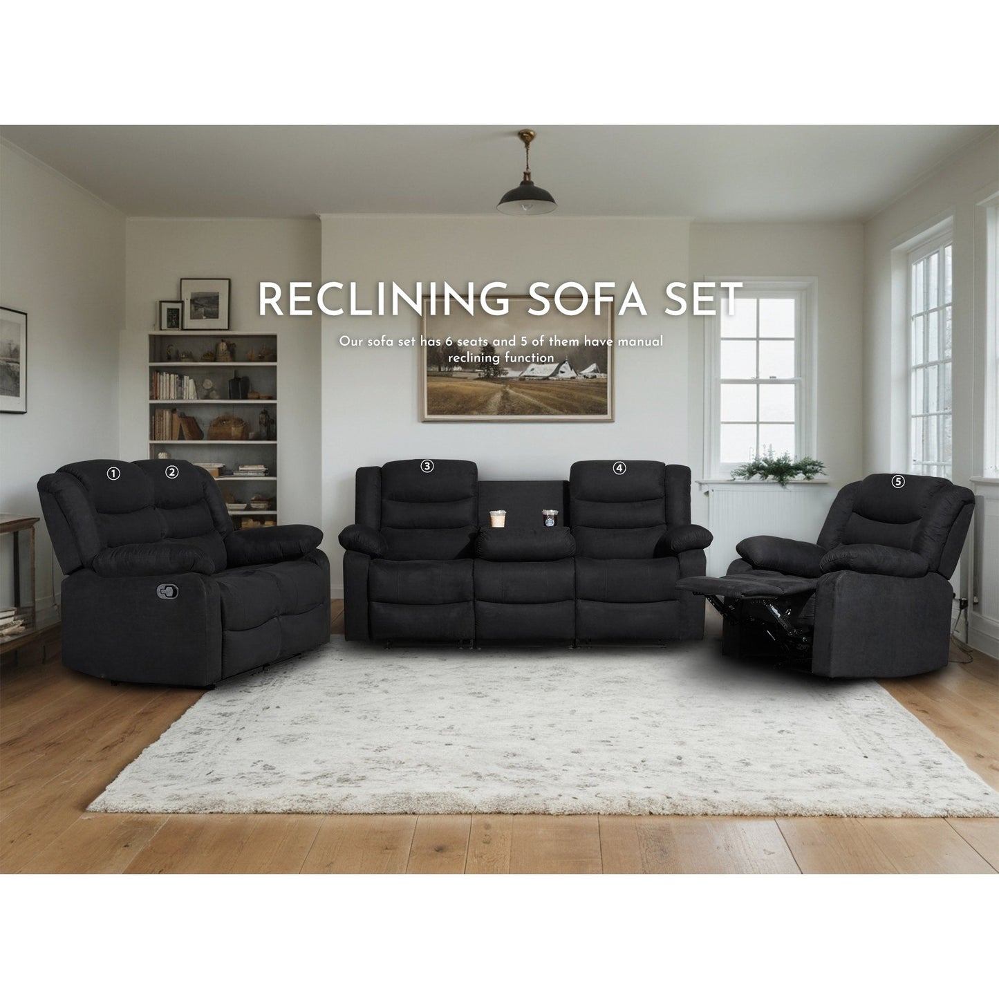 Moderno set di divani reclinabili manuali da soggiorno a 3 pezzi con tavolo a scomparsa e consolle