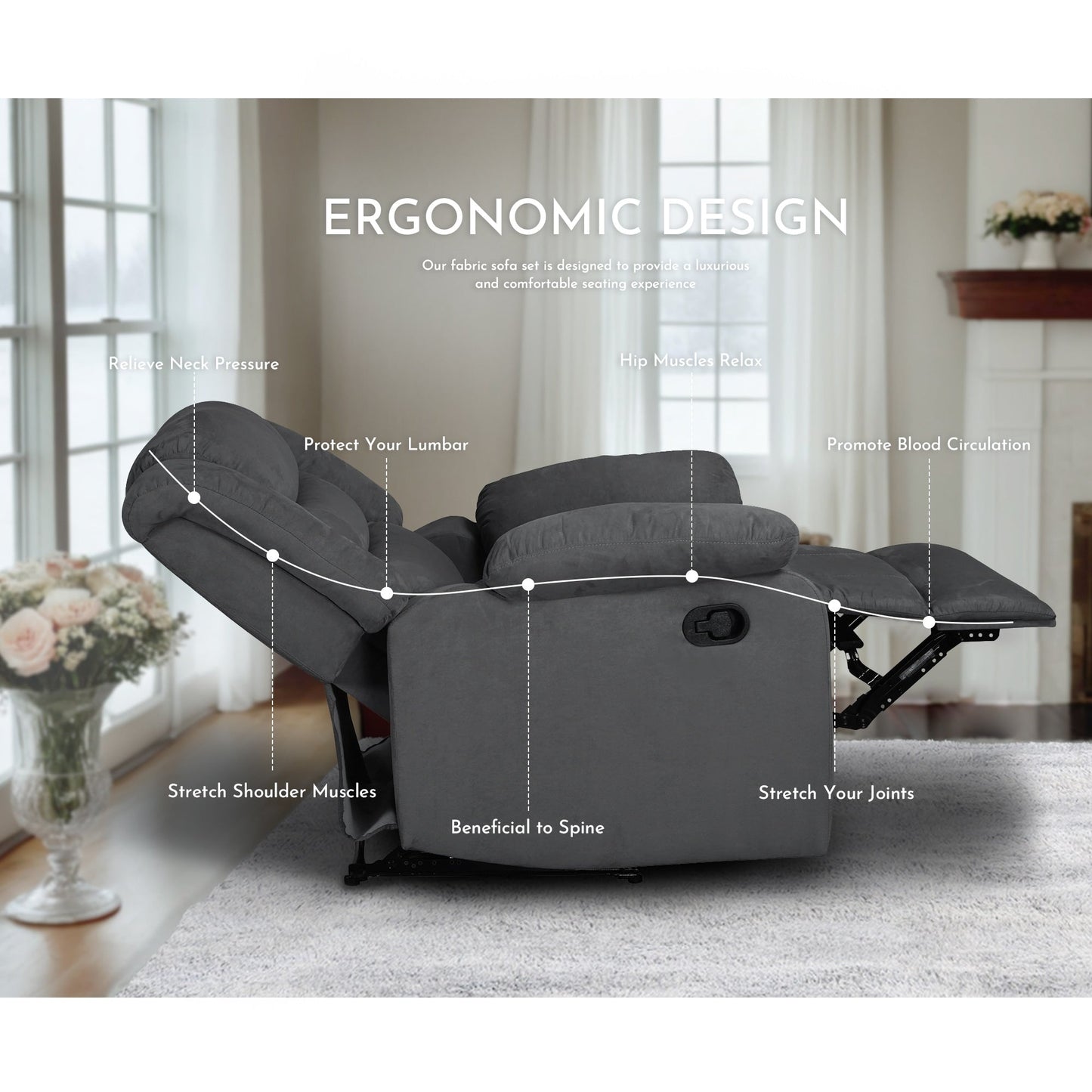 Moderno set di divani reclinabili manuali da soggiorno a 3 pezzi con tavolo a scomparsa e consolle