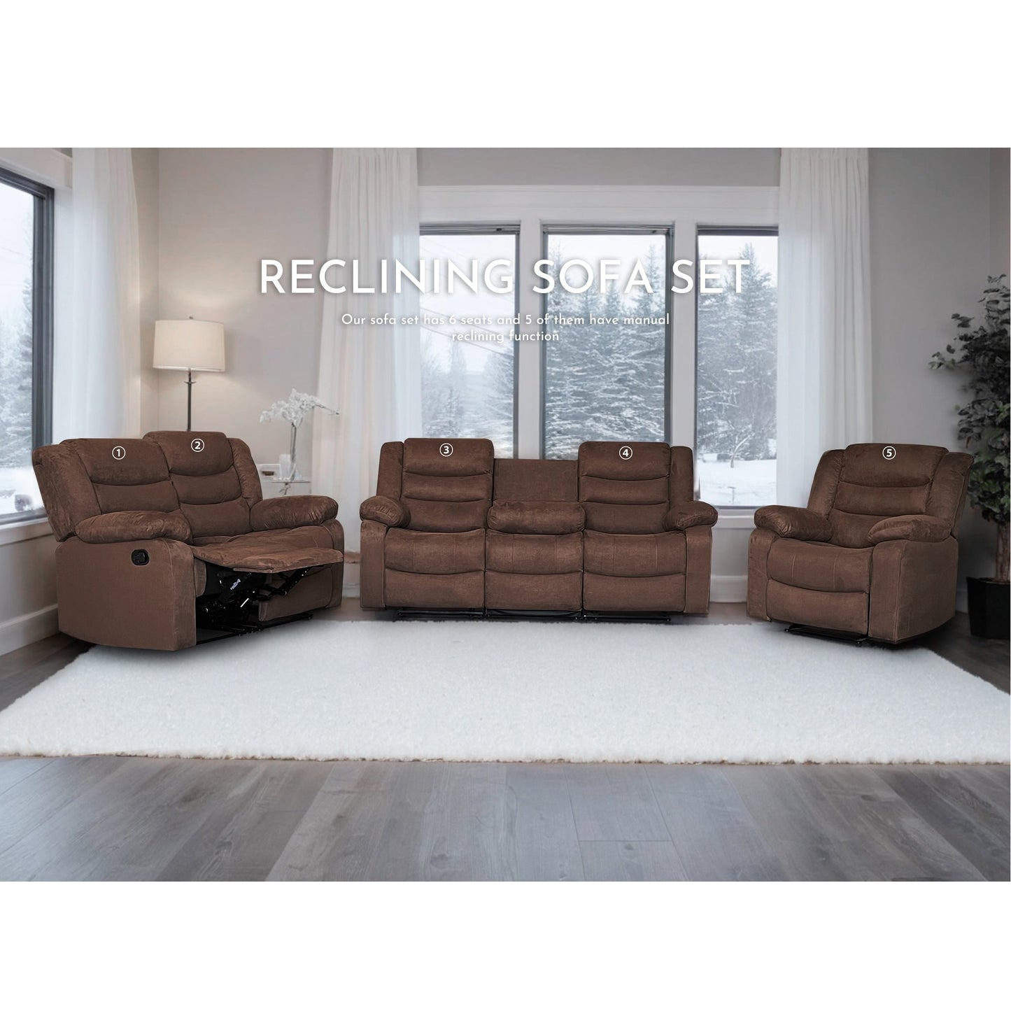 Moderno set di divani reclinabili manuali da soggiorno a 3 pezzi con tavolo a scomparsa e consolle