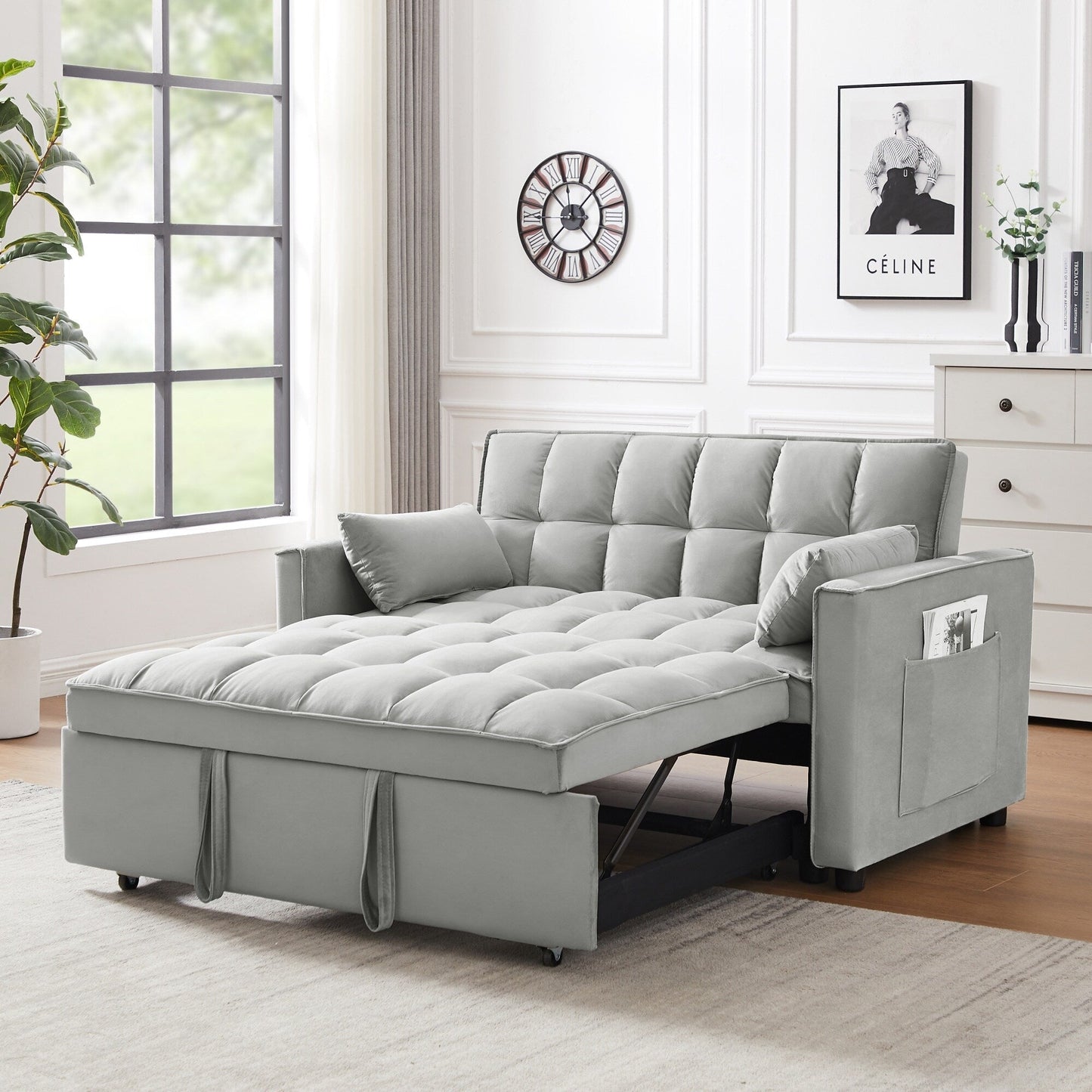 Divano futon moderno 3 in 1 trasformabile in velluto con letto estraibile