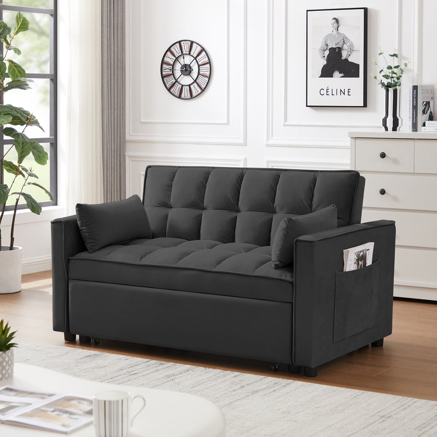 Divano futon moderno 3 in 1 trasformabile in velluto con letto estraibile