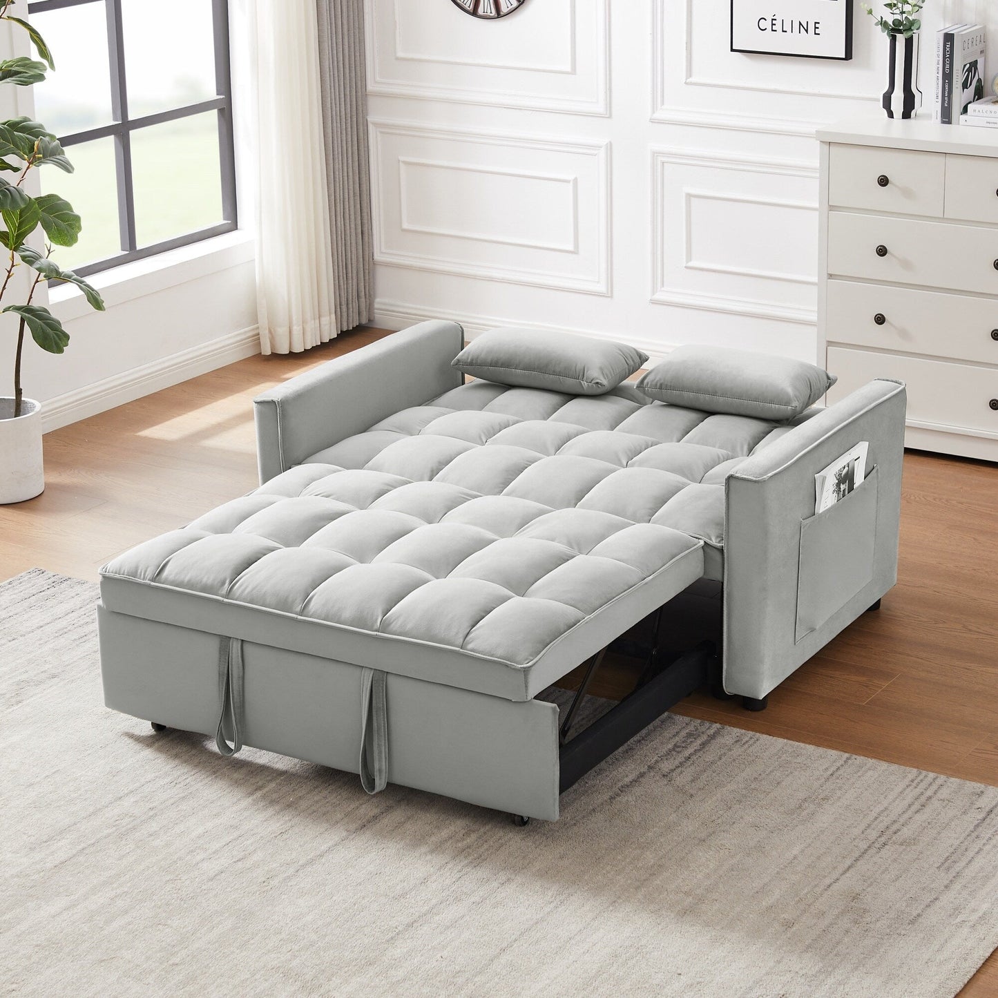 Divano futon moderno 3 in 1 trasformabile in velluto con letto estraibile