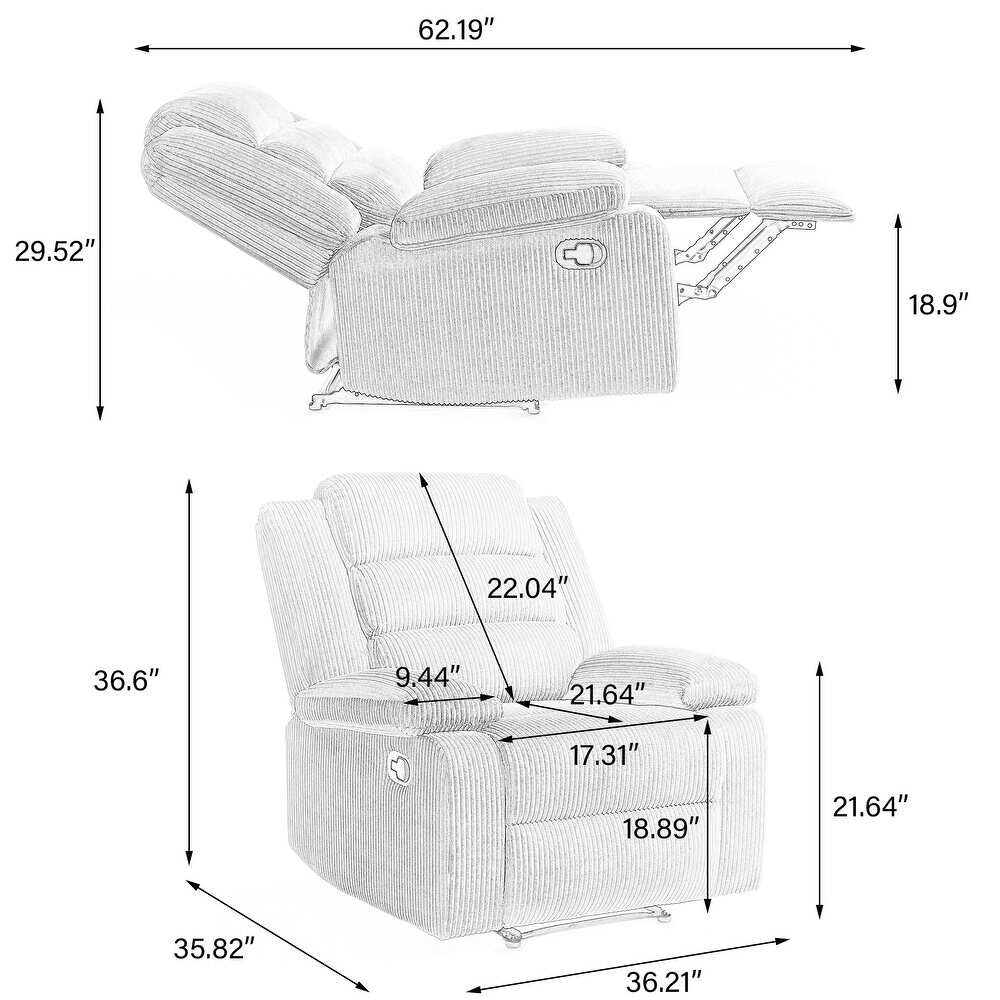 Poltrona reclinabile manuale moderna in cotone/velluto a coste da 36'' di larghezza
