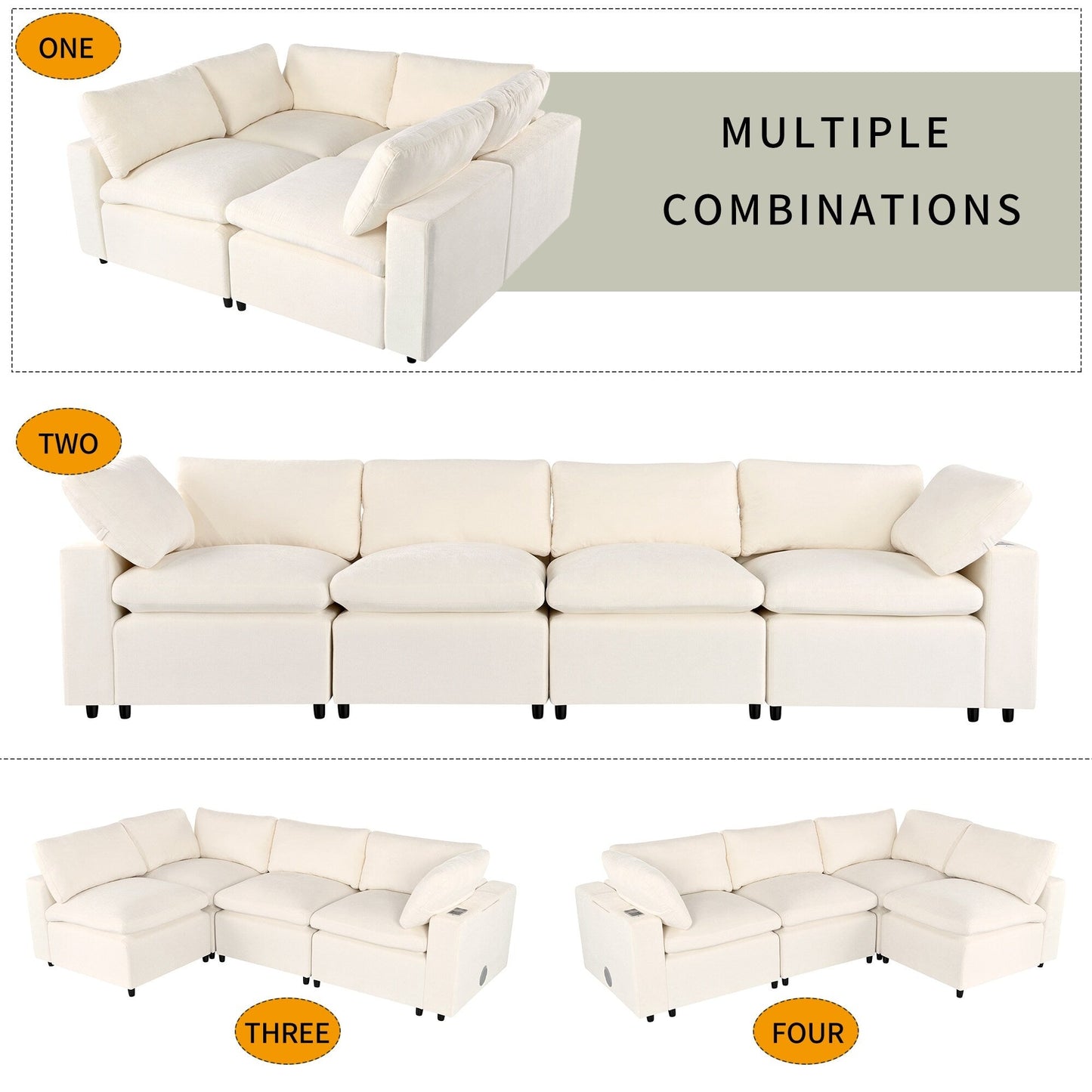 Divano componibile moderno a 4 posti, imbottito, con altoparlanti Bluetooth, ricarica wireless e porte USB