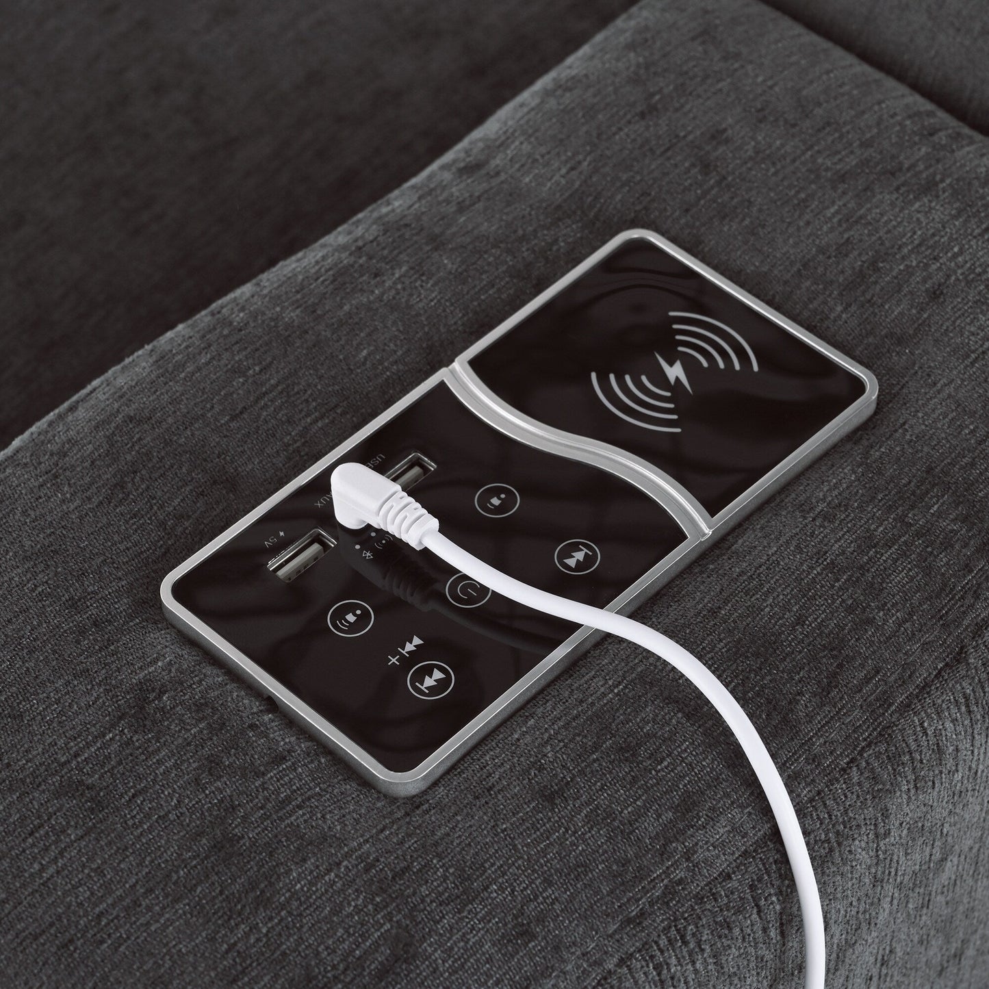 Divano componibile moderno a 4 posti, imbottito, con altoparlanti Bluetooth, ricarica wireless e porte USB