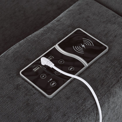 Divano componibile moderno a 4 posti, imbottito, con altoparlanti Bluetooth, ricarica wireless e porte USB