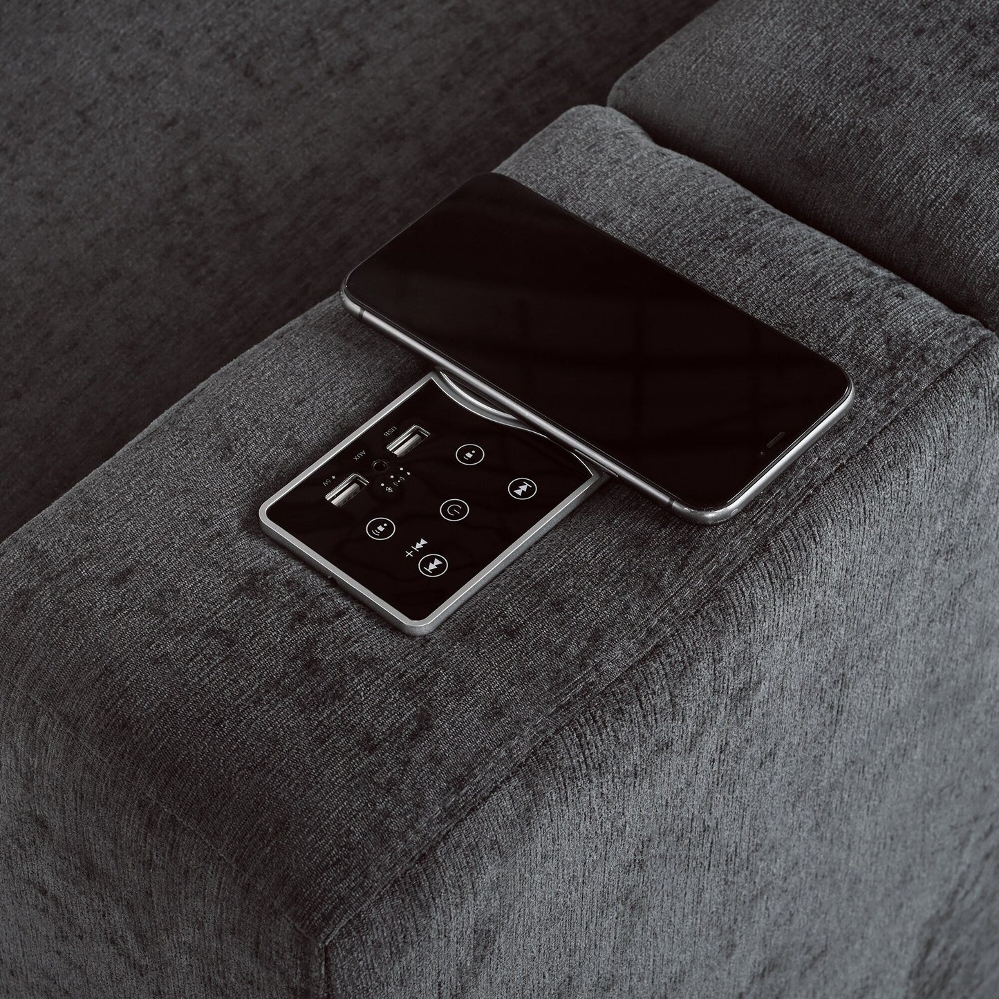 Divano componibile moderno a 4 posti, imbottito, con altoparlanti Bluetooth, ricarica wireless e porte USB