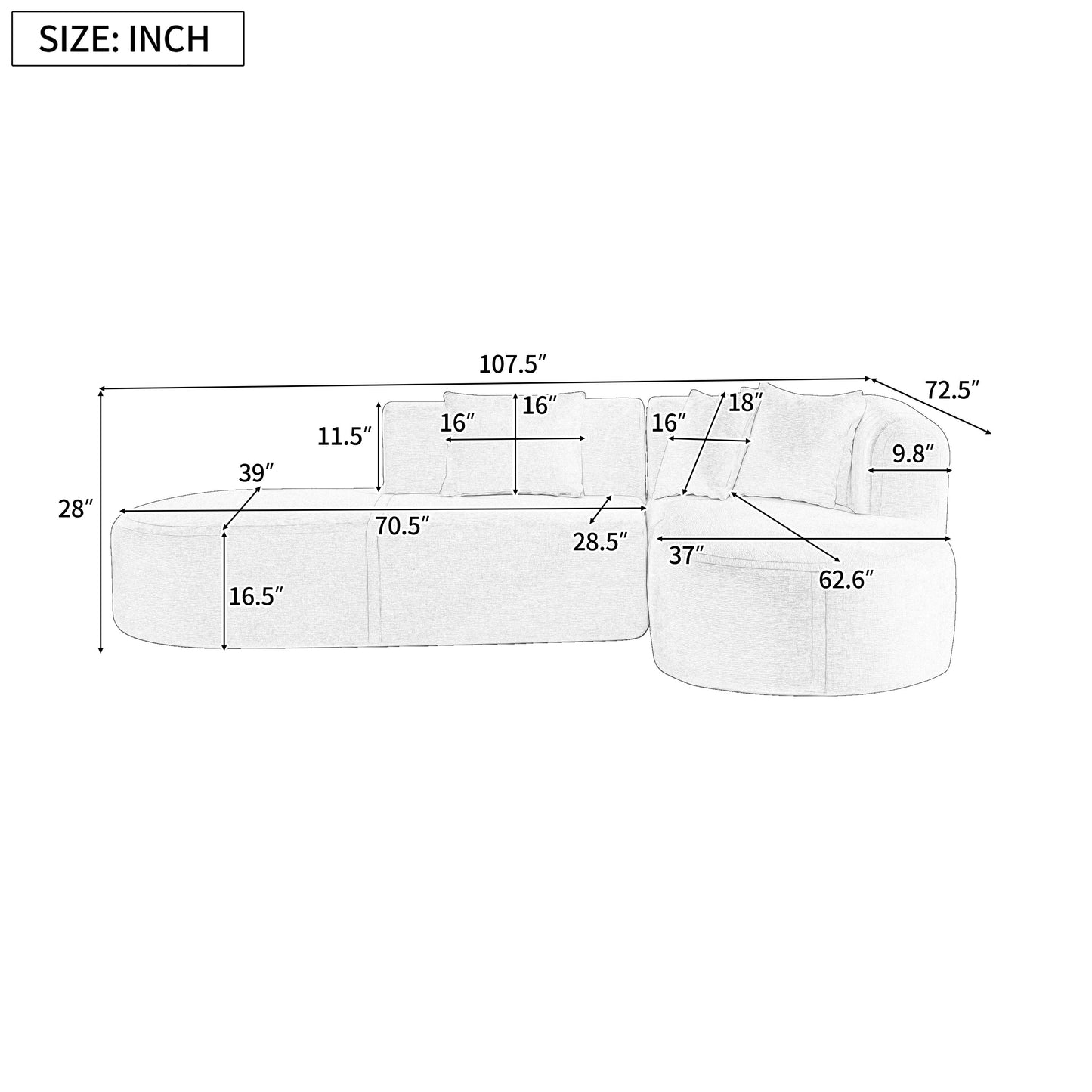 Divano componibile curvo moderno a 4 posti con 4 cuscini morbidi per soggiorno e camera da letto